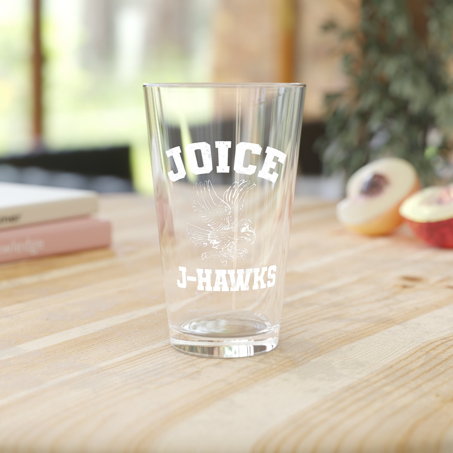Throwback Joice J-Hawks (worn white design) on Pint Glass, 16oz