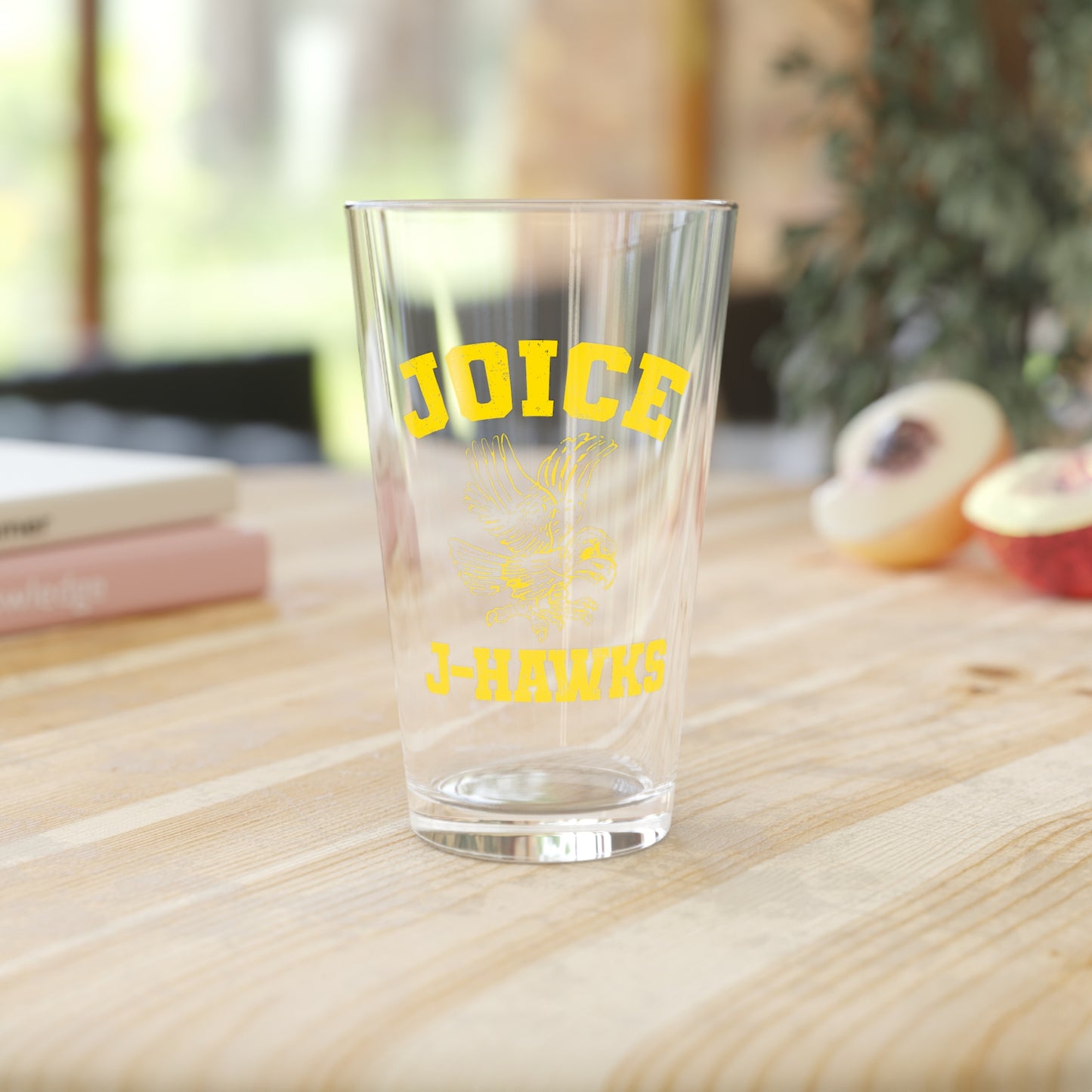 Throwback Joice J-Hawks (worn yellow design) on Pint Glass, 16oz