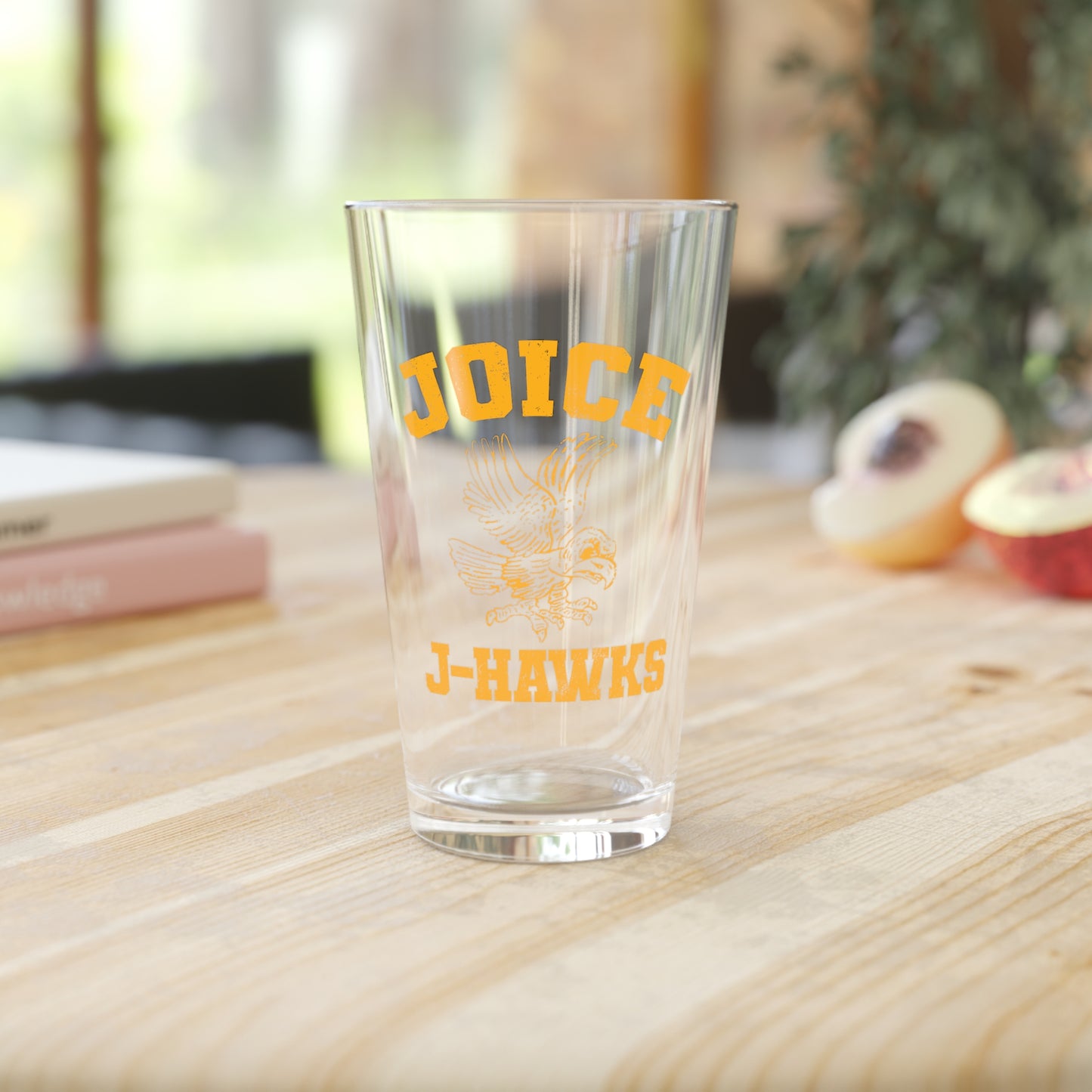 Throwback Joice J-Hawks (worn dark yellow design) on Pint Glass, 16oz