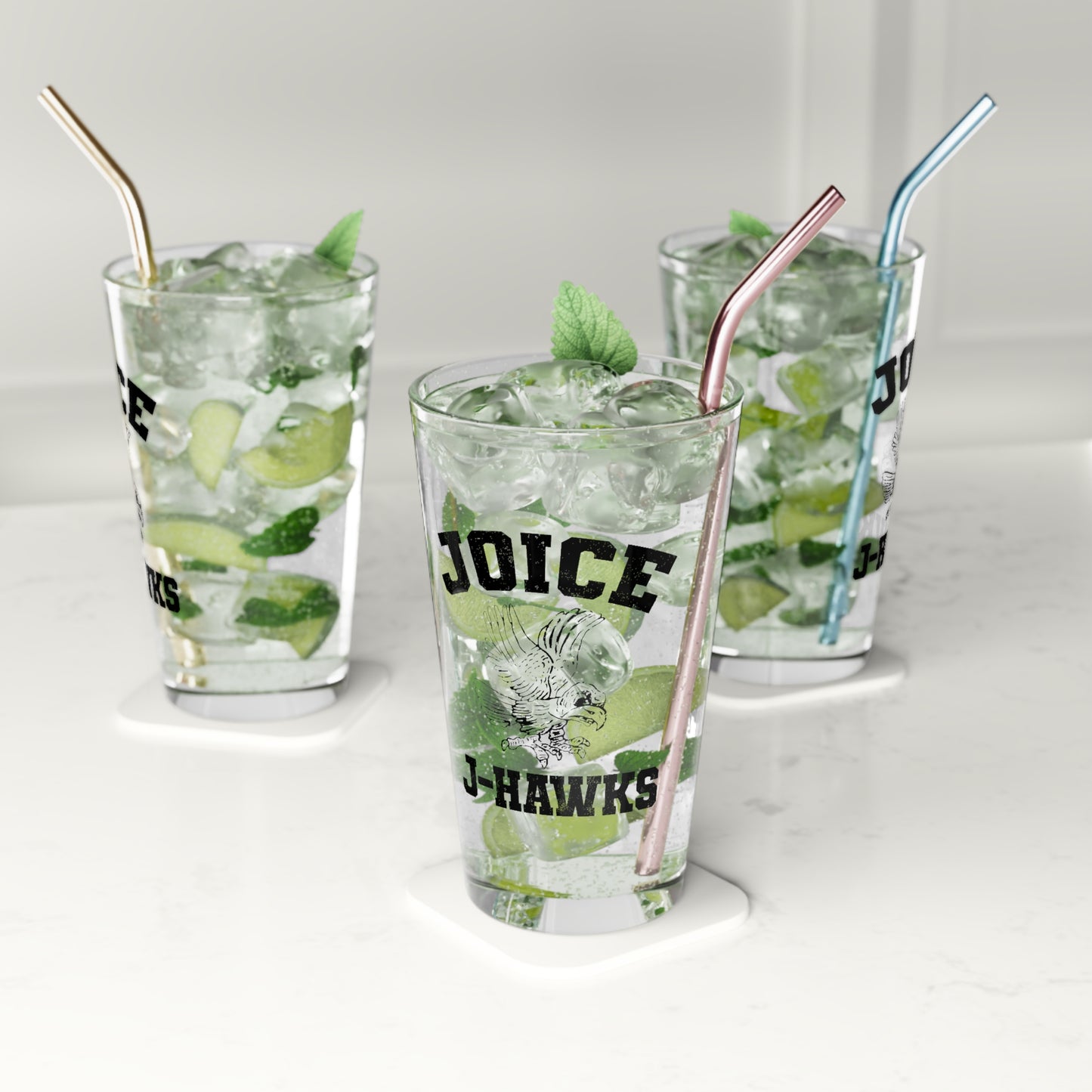 Throwback Joice J-Hawks (worn black design) on Pint Glass, 16oz