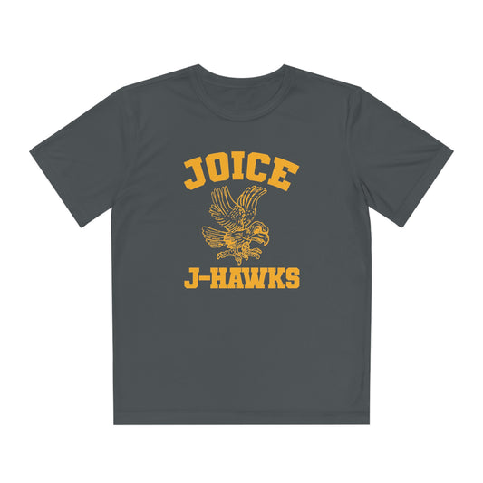 Kids' Throwback Joice J-Hawks (worn dark yellow design) on Youth Competitor Tee