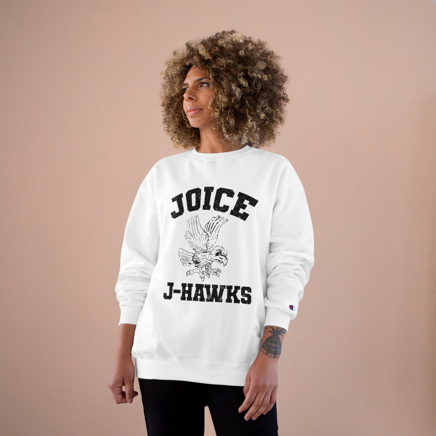 Throwback Joice J-Hawks (worn black design) on Champion Sweatshirt