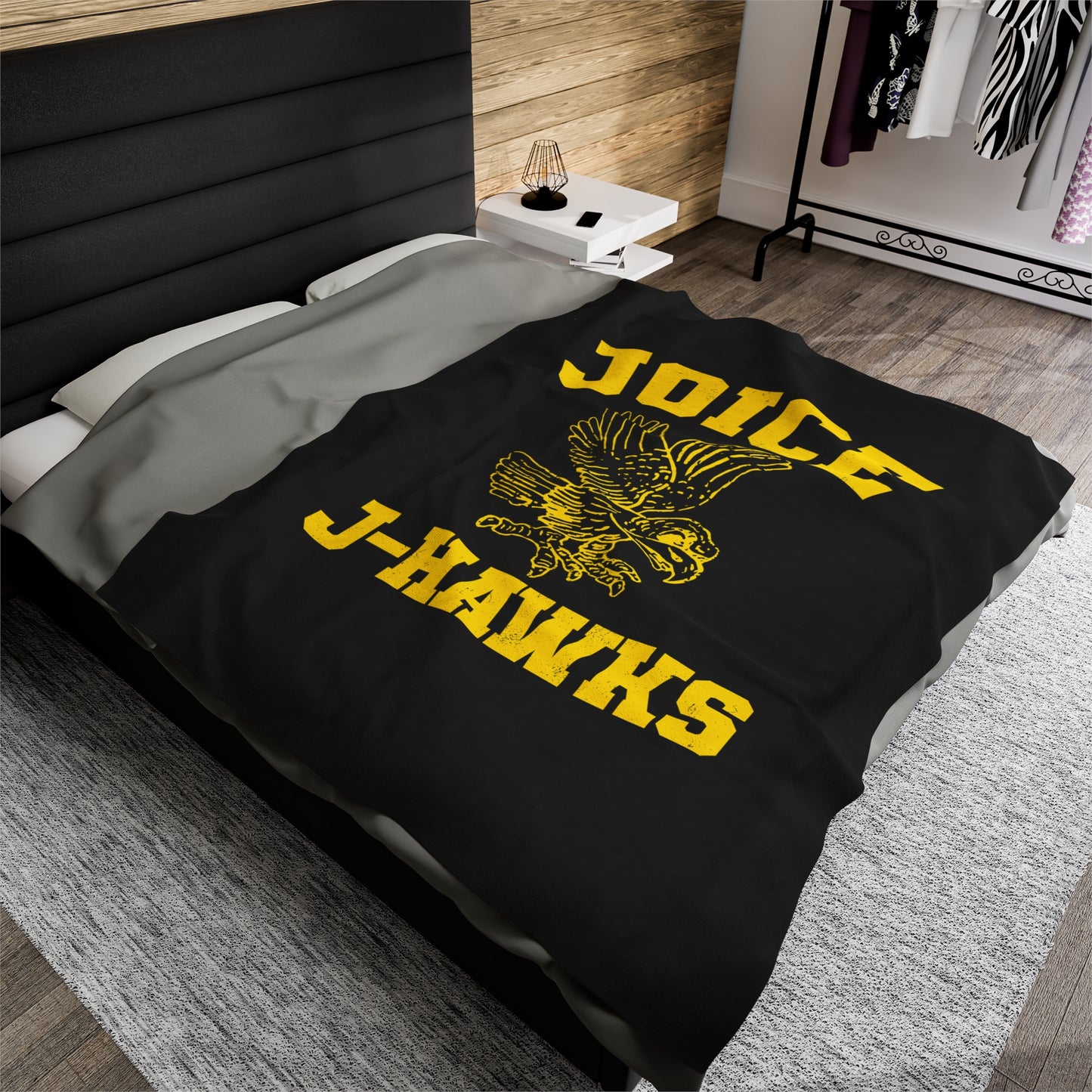 Throwback Joice J-Hawks (worn yellow design) on Black Velveteen Plush Blanket