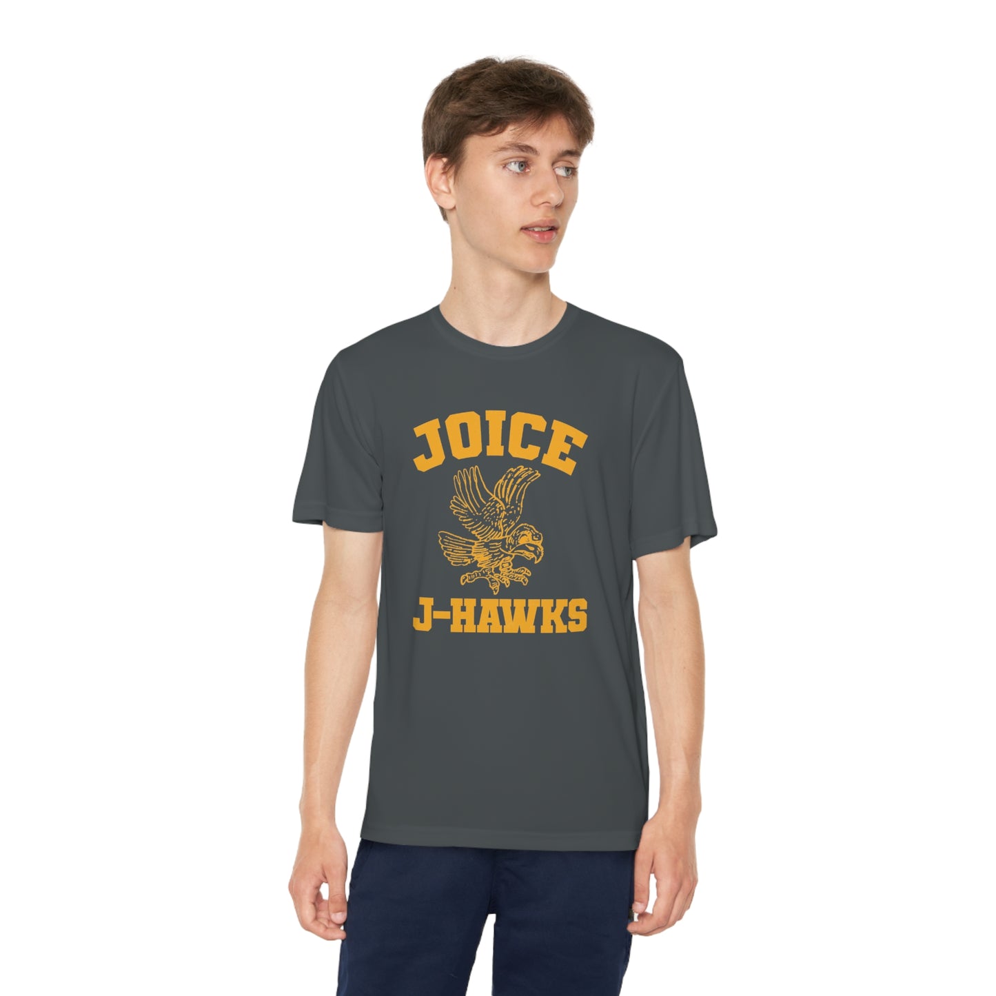 Kids' Throwback Joice J-Hawks (worn dark yellow design) on Youth Competitor Tee