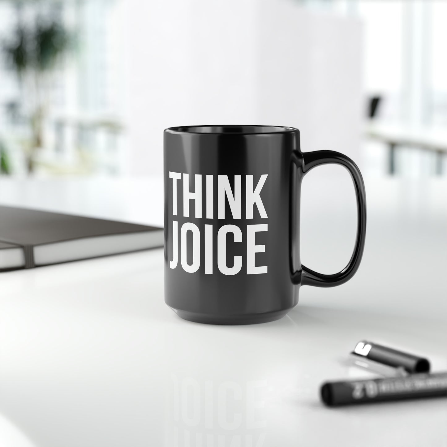 Think Joice (white design) on black Black Mug, 15oz