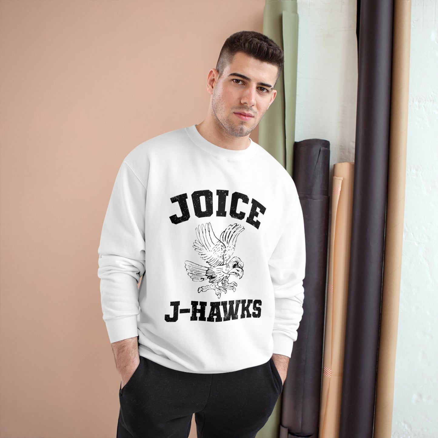 Throwback Joice J-Hawks (worn black design) on Champion Sweatshirt