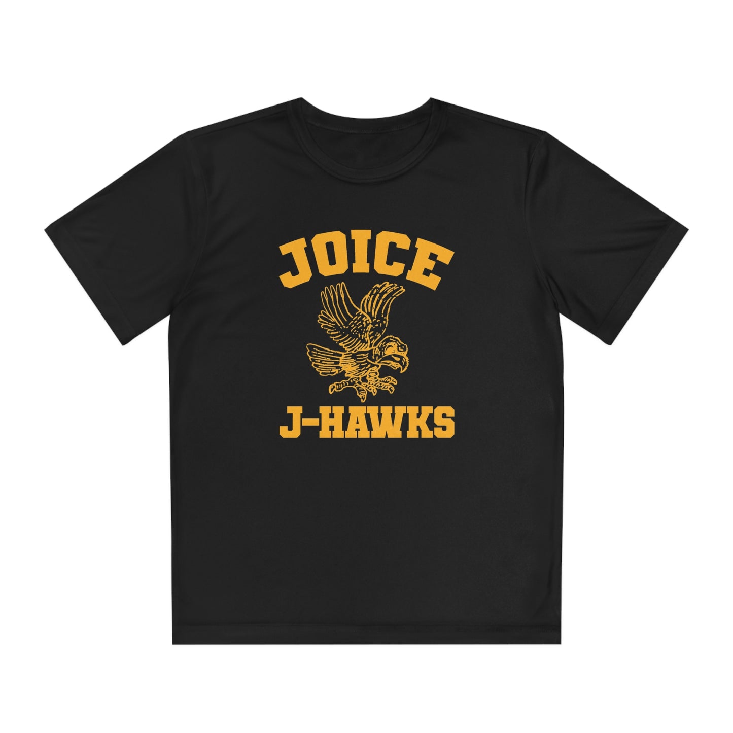 Kids' Throwback Joice J-Hawks (worn dark yellow design) on Youth Competitor Tee