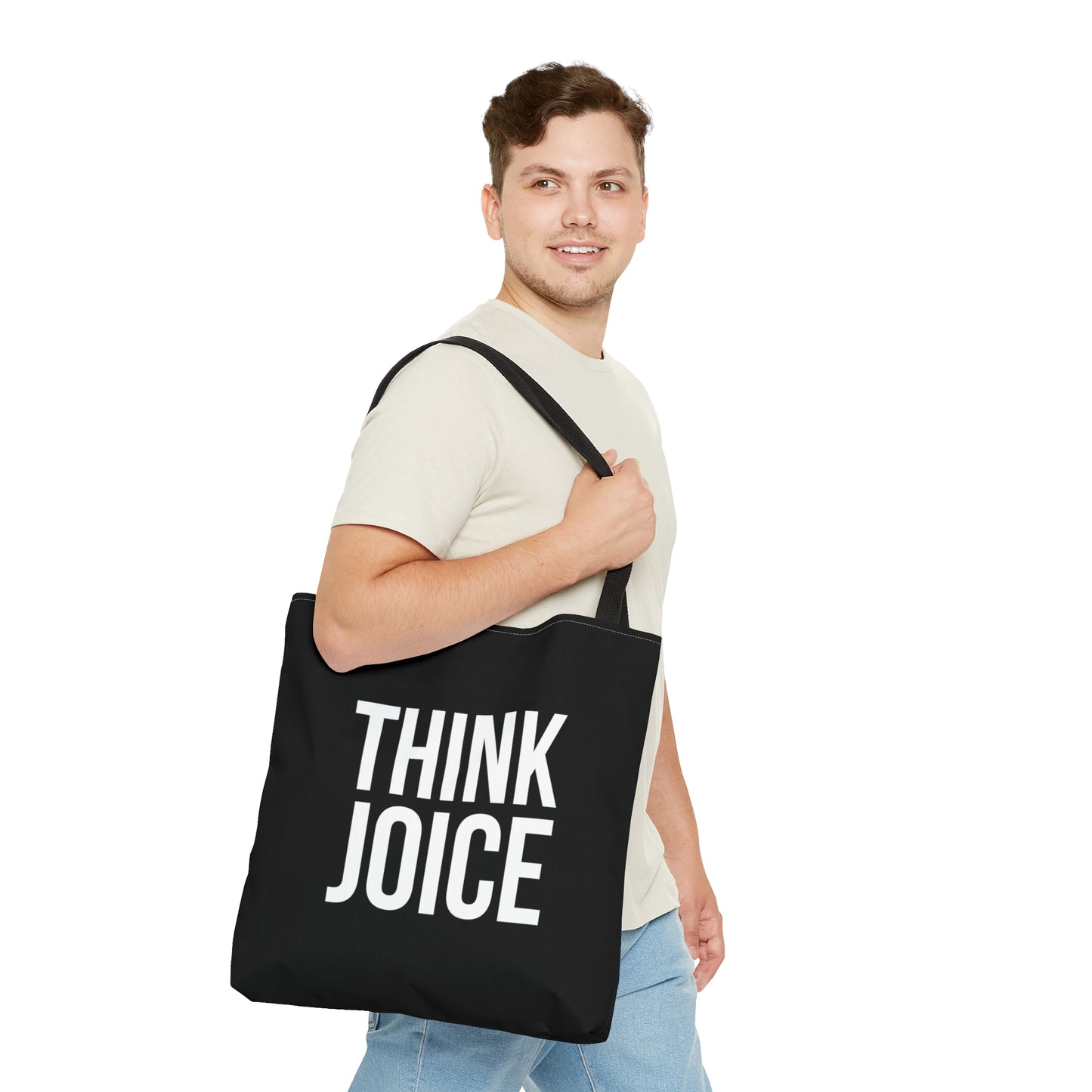 Think Joice (white design) on Black Tote Bag