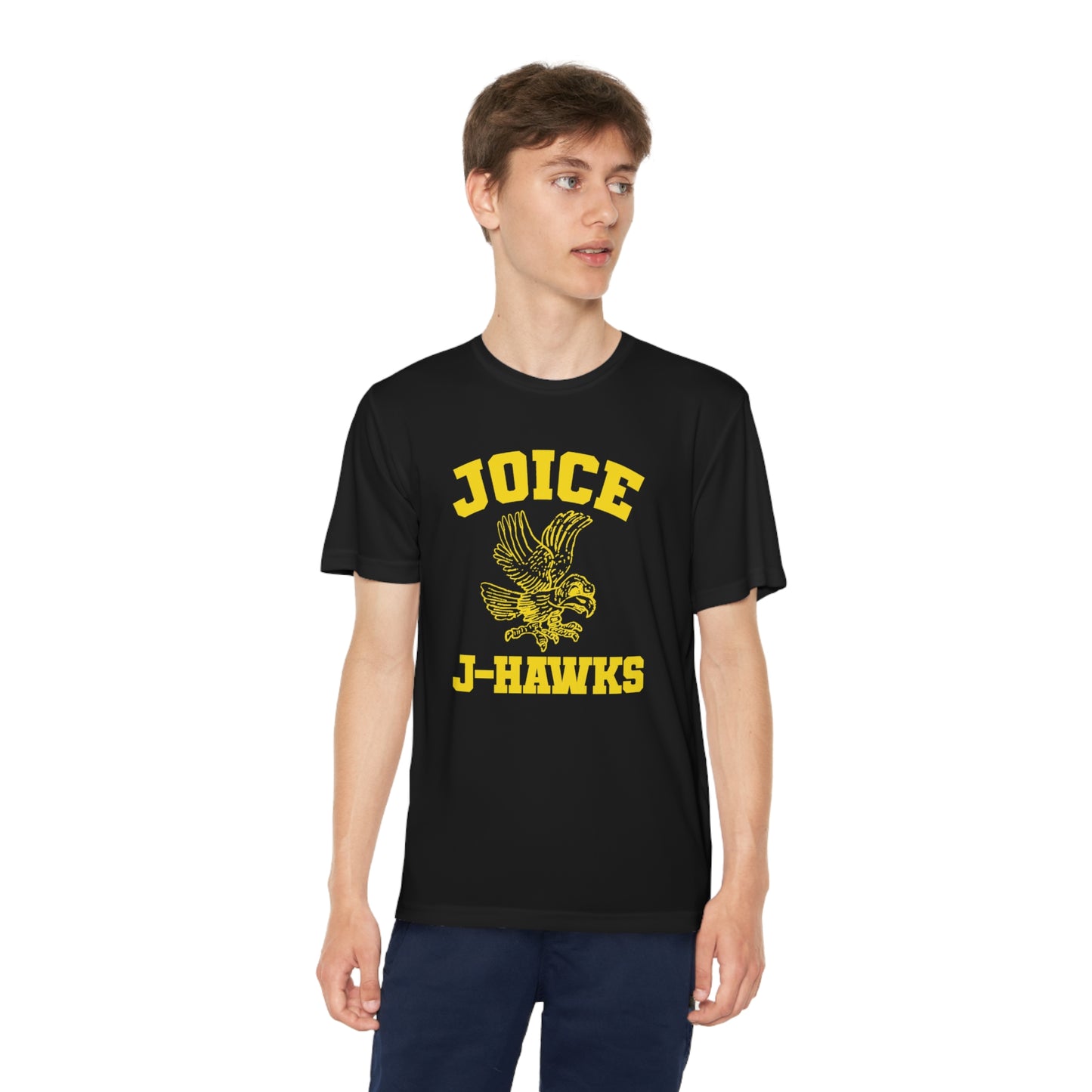 Kids' Throwback Joice J-Hawks (worn yellow design) on Youth Competitor Tee