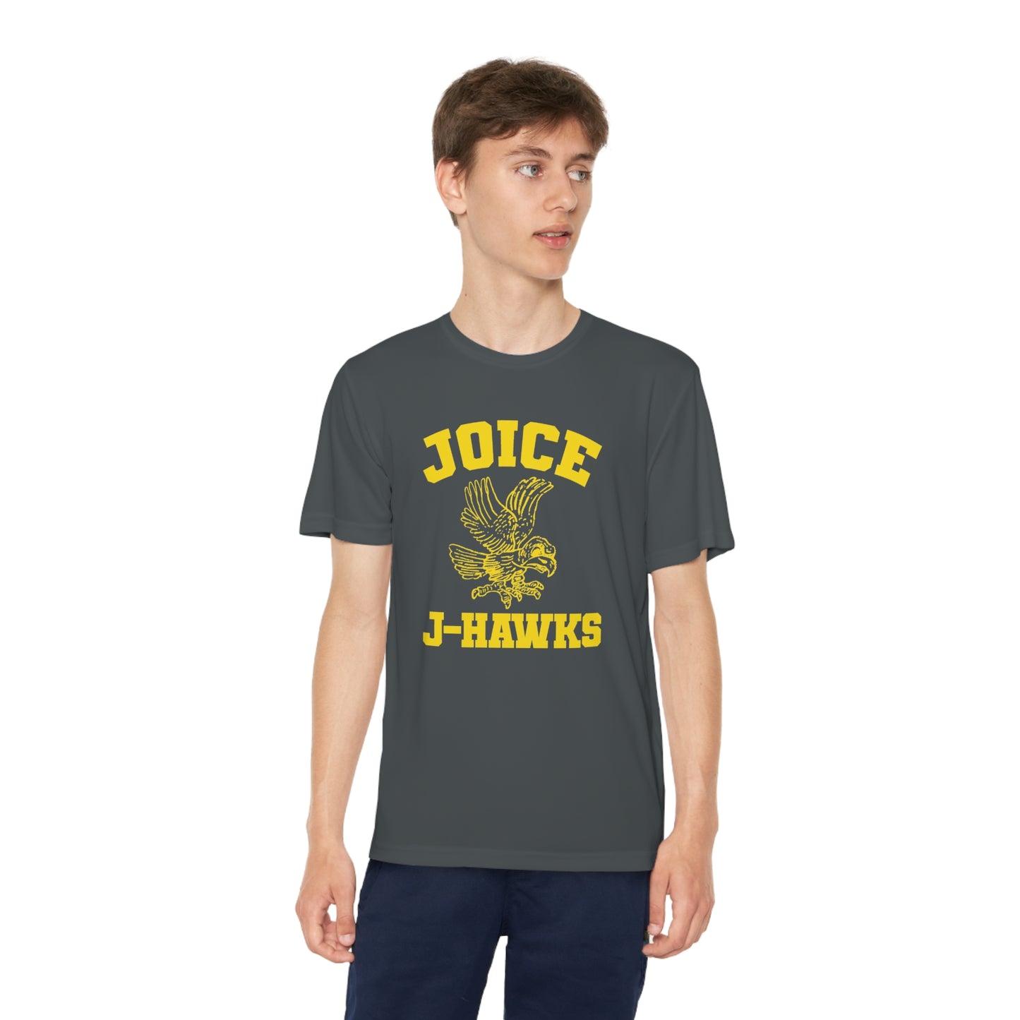 Kids' Throwback Joice J-Hawks (worn yellow design) on Youth Competitor Tee