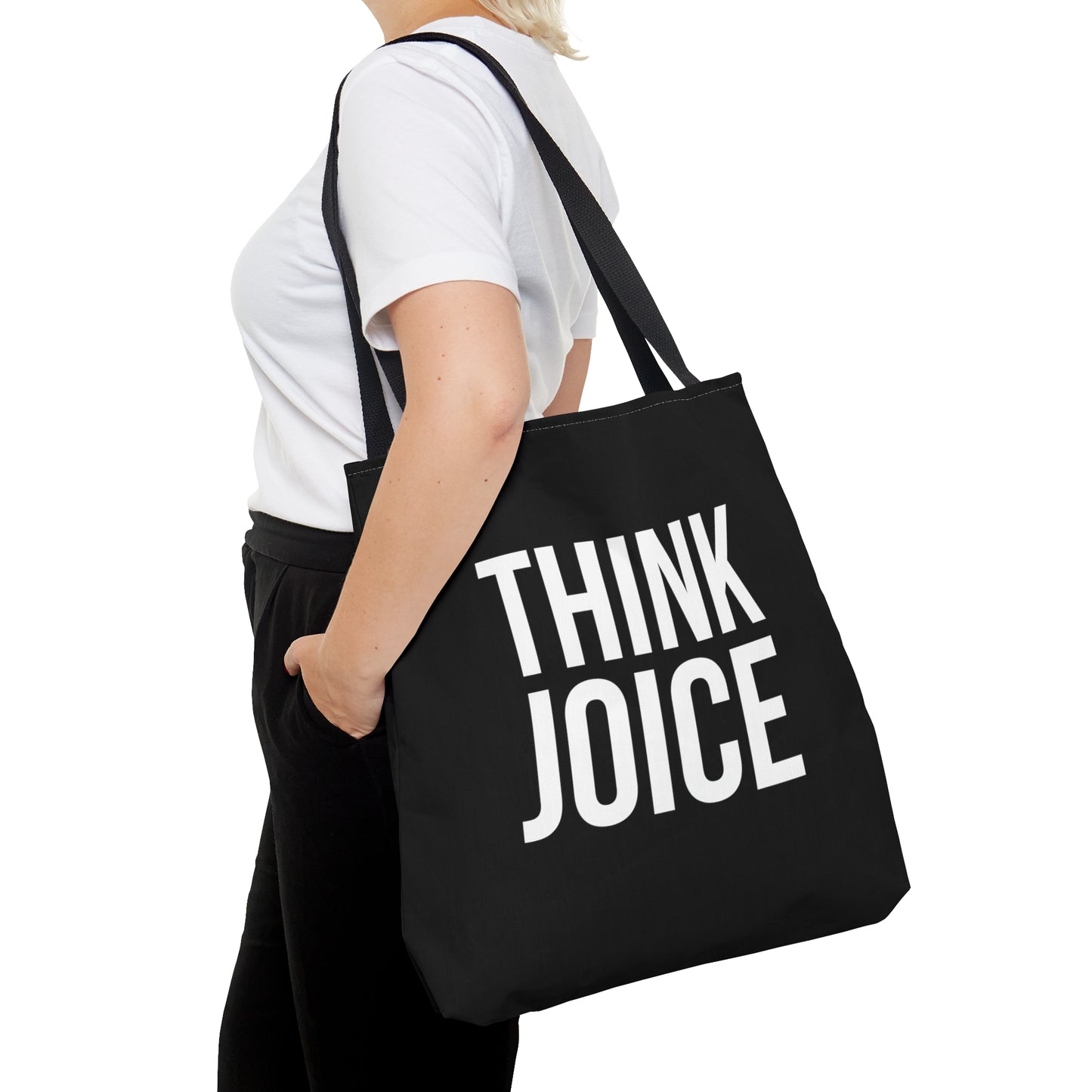 Think Joice (white design) on Black Tote Bag