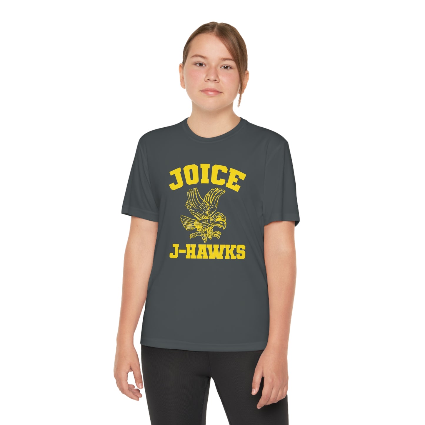 Kids' Throwback Joice J-Hawks (worn yellow design) on Youth Competitor Tee