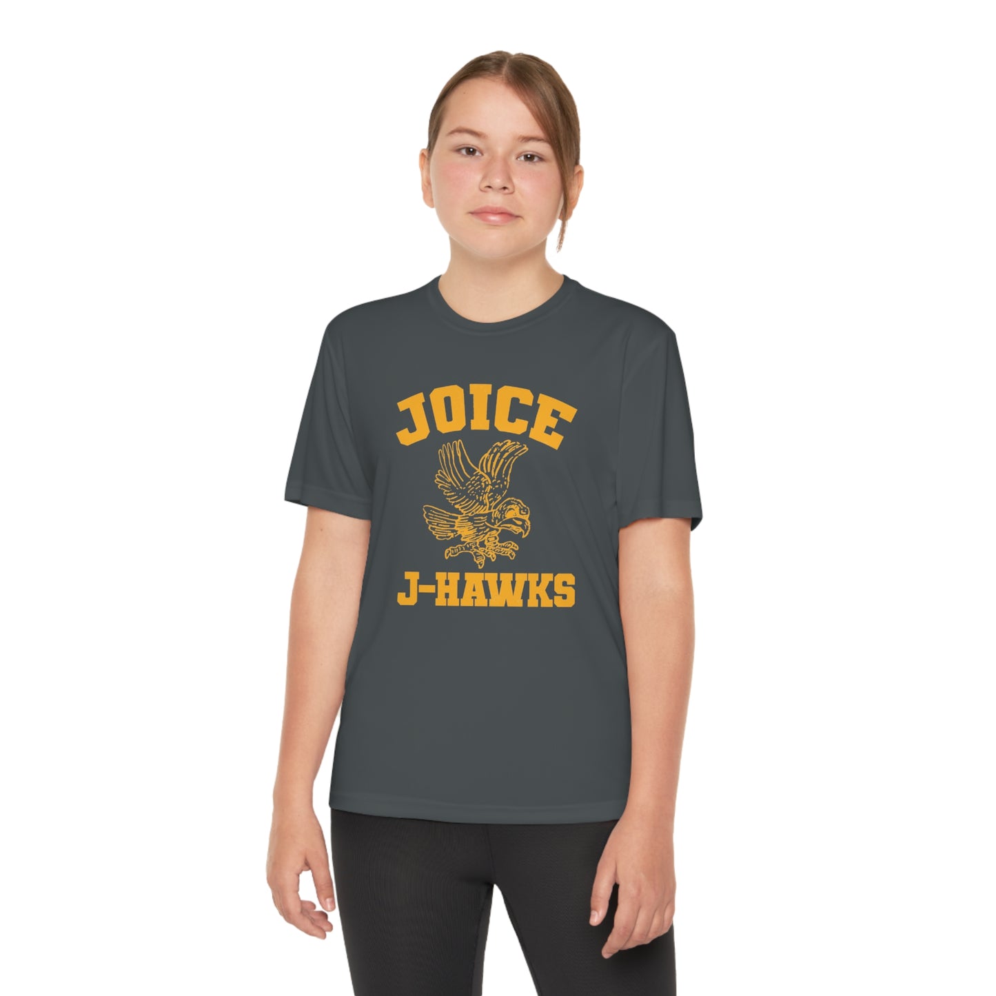 Kids' Throwback Joice J-Hawks (worn dark yellow design) on Youth Competitor Tee