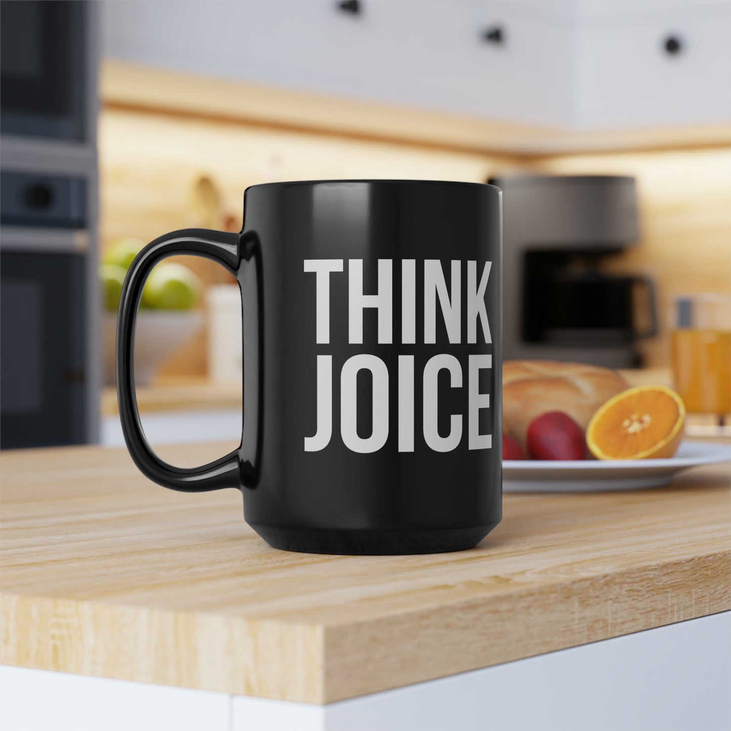 Think Joice (white design) on black Black Mug, 15oz