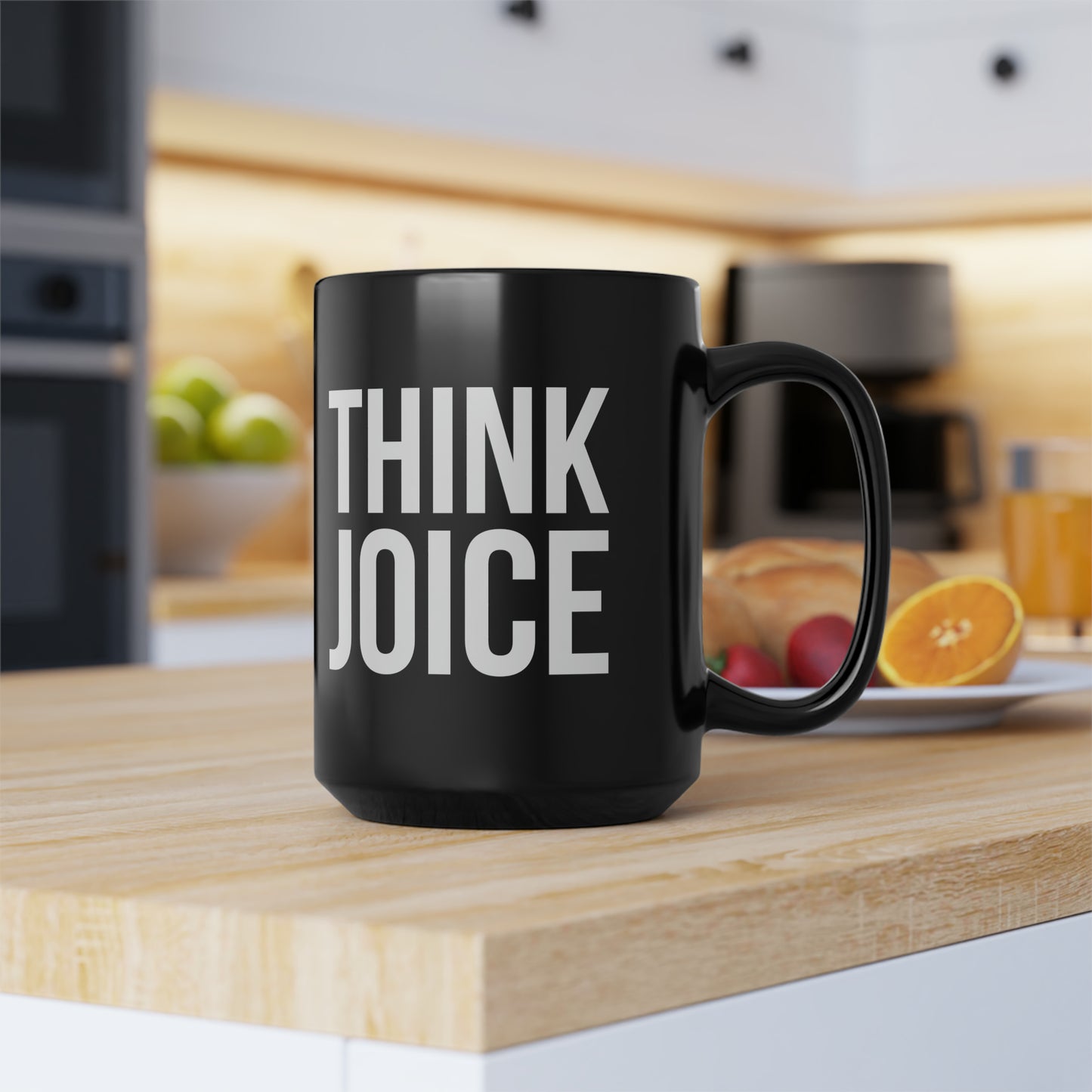 Think Joice (white design) on black Black Mug, 15oz