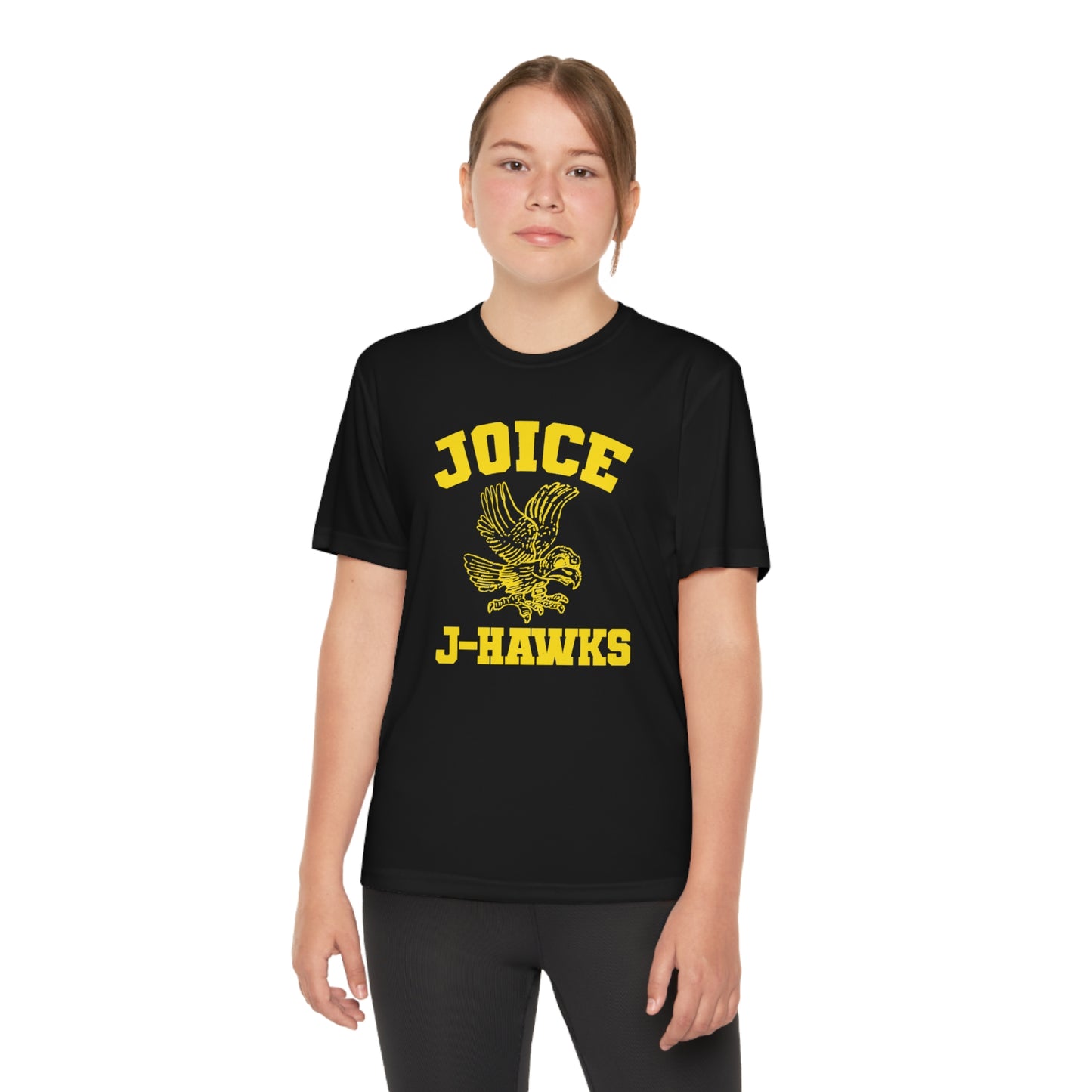 Kids' Throwback Joice J-Hawks (worn yellow design) on Youth Competitor Tee