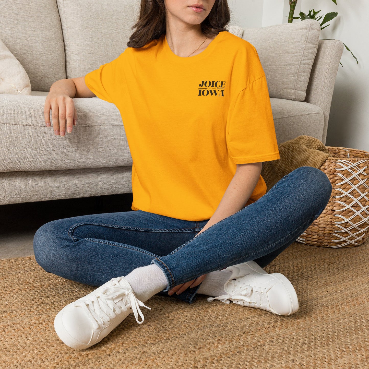 Joice, Iowa Est. 1899 (Black Design on Gold Shirt) on Unisex Ultra Cotton Short Sleeve Tee