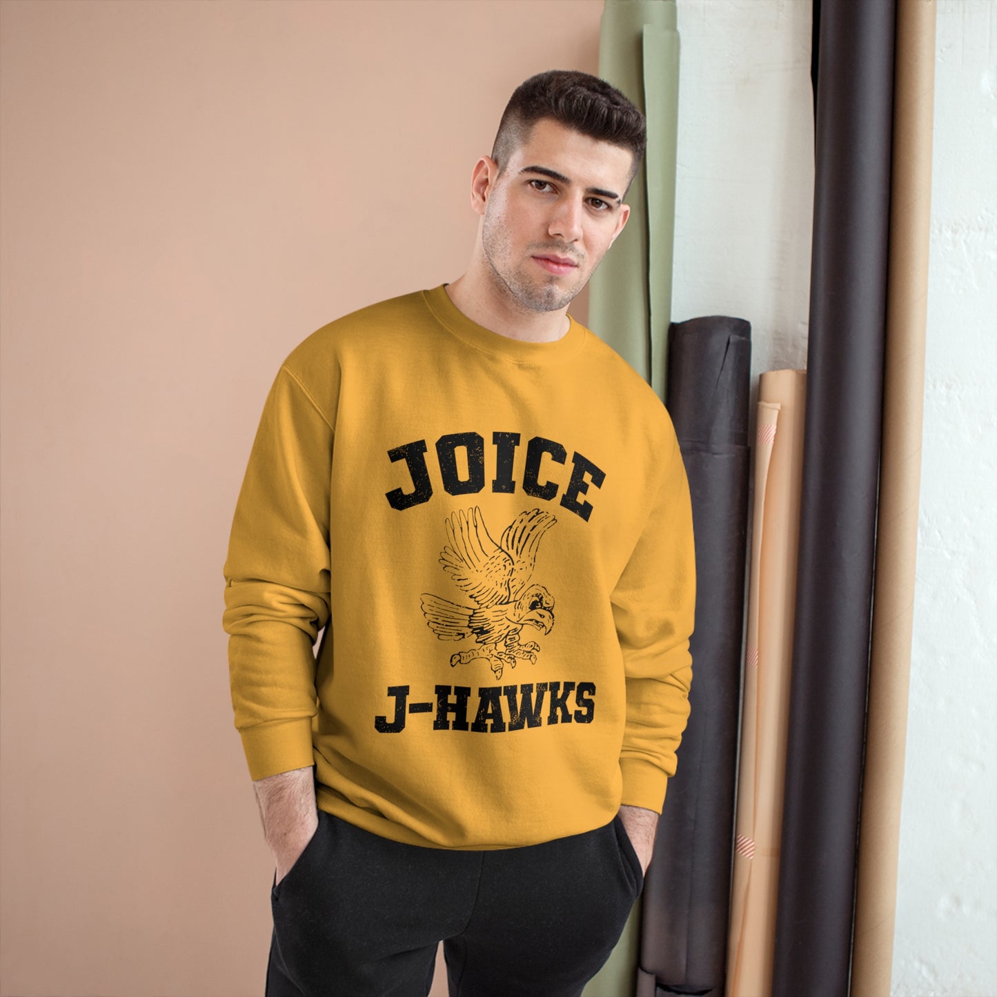 Throwback Joice J-Hawks (worn black design) on Champion Sweatshirt