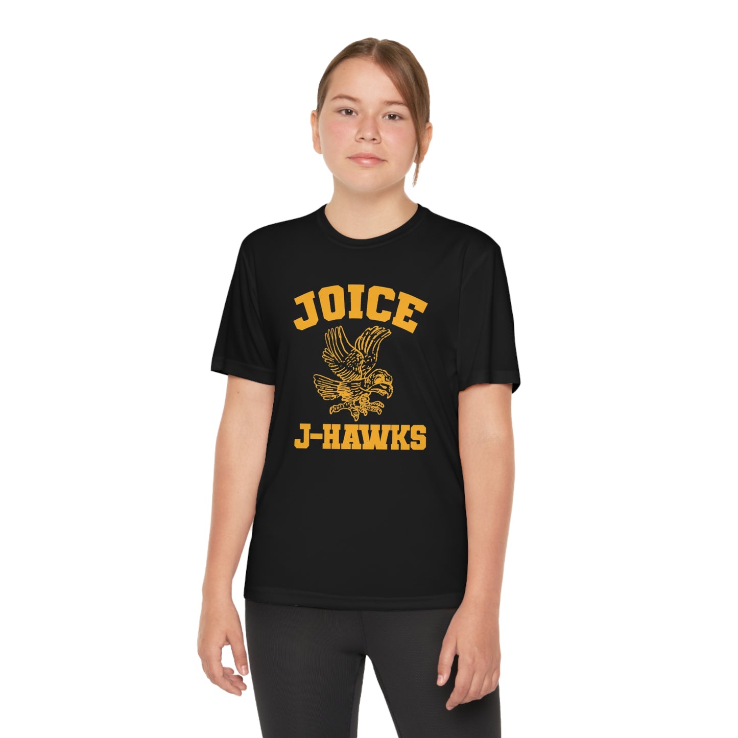 Kids' Throwback Joice J-Hawks (worn dark yellow design) on Youth Competitor Tee